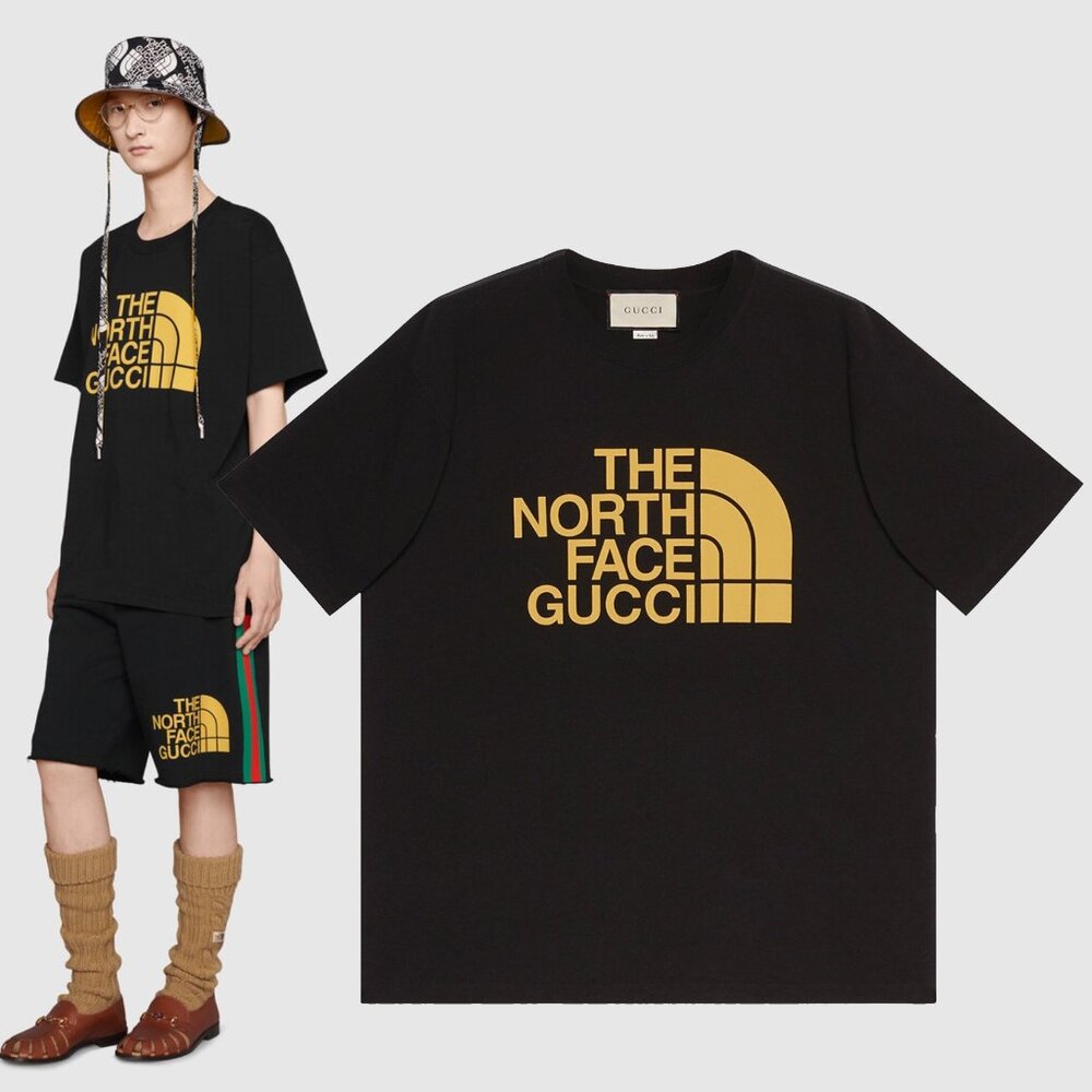 GUCCI T-SHIRT x THE NORTH FACE YELLOW LOGO PRINT BLACK COTTON TOP sz XS